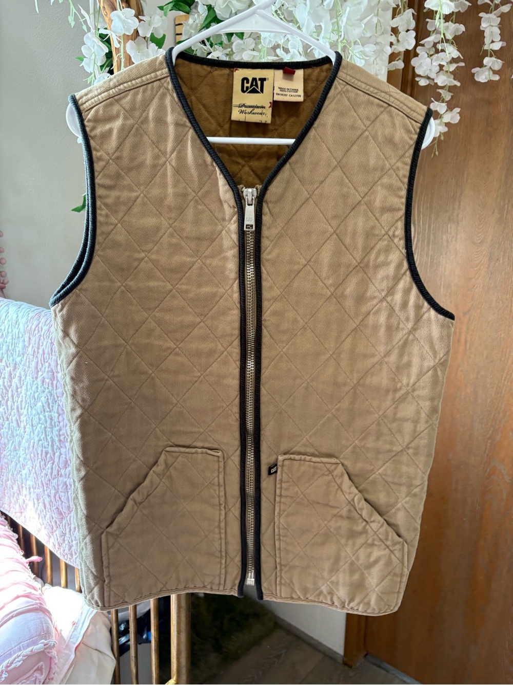 Caterpillar Vintage Tan Quilted Work Vest with Black Trim